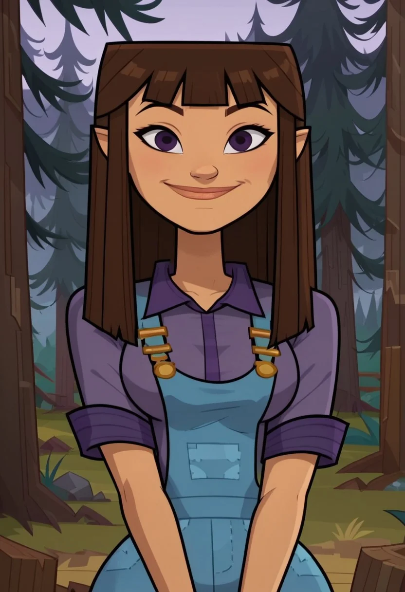 ((Forest background)),score_9, score_8_up, score_7_up,score_6_up, 
1girl, Solo, Hannah_DC, tan skin, dark purple eyes, long straight hair, brown hair, purple collared shirt, blue tight overalls, plum ankle boots, big eyes, tall stature, social smile, perfect eyes, perfect smile, looking at the viewer, big breasts, detailed eyes, perfect eyes, cute, standing, (front view,bust shot,close up to face,face portrait:1)