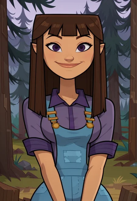 ((Forest background)),score_9, score_8_up, score_7_up,score_6_up, 
1girl, Solo, Hannah_DC, tan skin, dark purple eyes, long straight hair, brown hair, purple collared shirt, blue tight overalls, plum ankle boots, big eyes, tall stature, social smile, perfect eyes, perfect smile, looking at the viewer, big breasts, detailed eyes, perfect eyes, cute, standing, (front view,bust shot,close up to face,face portrait:1)