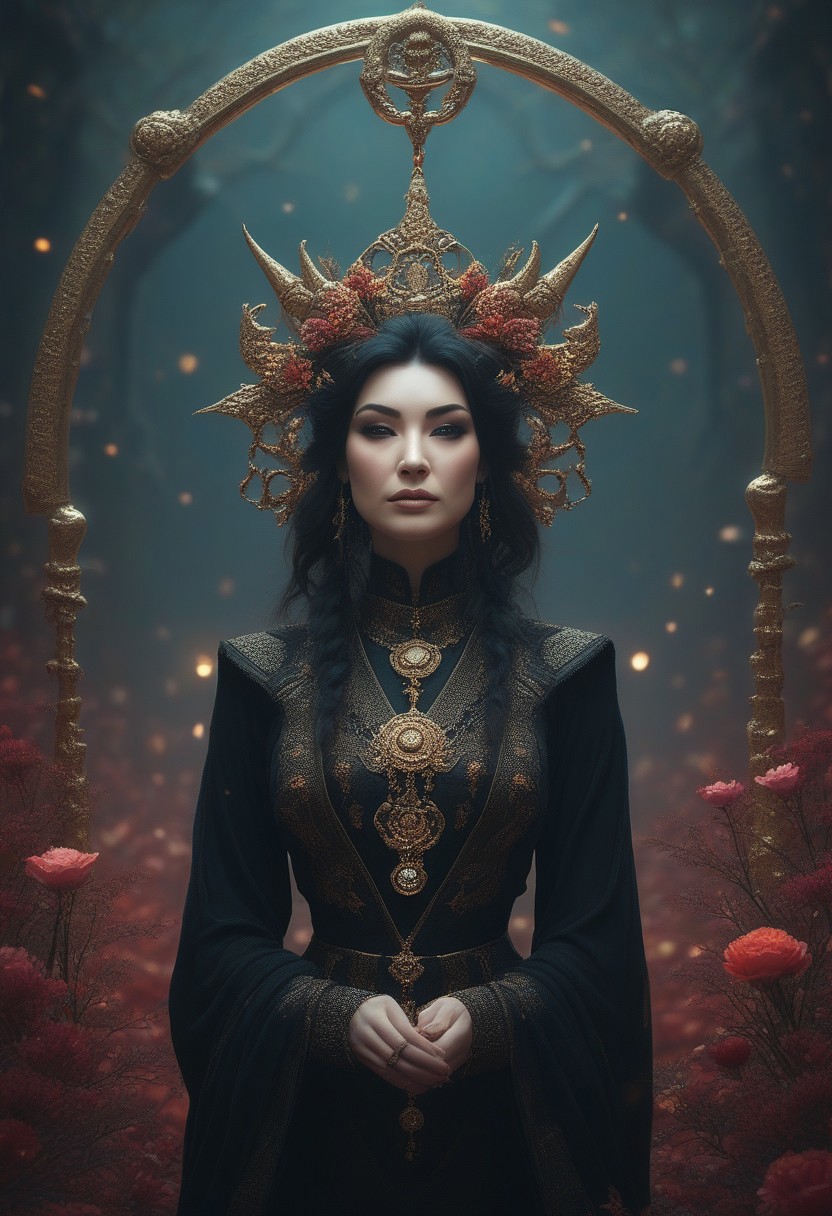 A professional photography of a gothic geisha with whimsical elements, surrounded by an magical and eerie fairytale landscape with sparkling crystals and colorful flowers, awesome appearence, fantastic cyberpunk art concept, intricate details, trending on artstation, masterpiece, 8k, witchcraft, magical symbols, flower ornate, magic, wicca, gems and crystals, elaborate