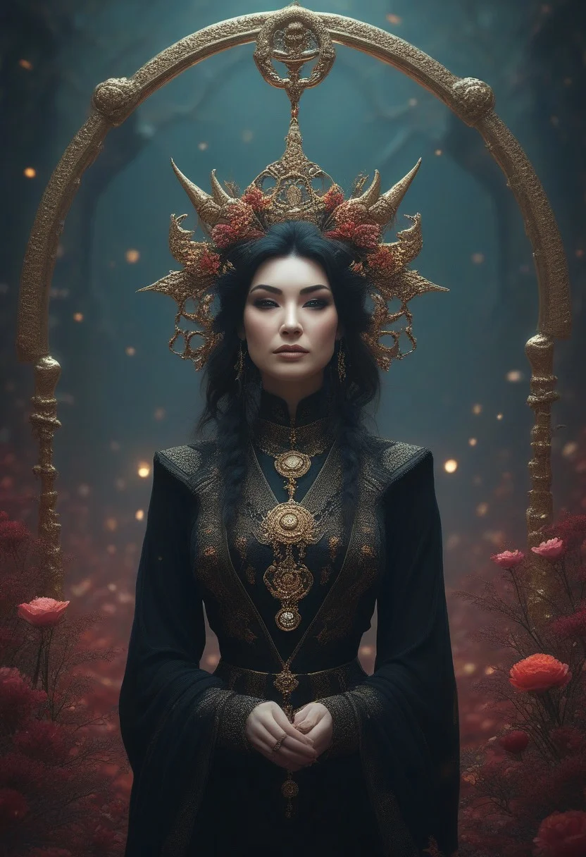 A professional photography of a gothic geisha with whimsical elements, surrounded by an magical and eerie fairytale landscape with sparkling crystals and colorful flowers, awesome appearence, fantastic cyberpunk art concept, intricate details, trending on artstation, masterpiece, 8k, witchcraft, magical symbols, flower ornate, magic, wicca, gems and crystals, elaborate