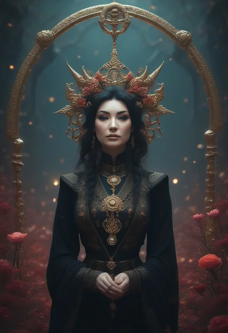 A professional photography of a gothic geisha with whimsical elements, surrounded by an magical and eerie fairytale landscape with sparkling crystals and colorful flowers, awesome appearence, fantastic cyberpunk art concept, intricate details, trending on artstation, masterpiece, 8k, witchcraft, magical symbols, flower ornate, magic, wicca, gems and crystals, elaborate