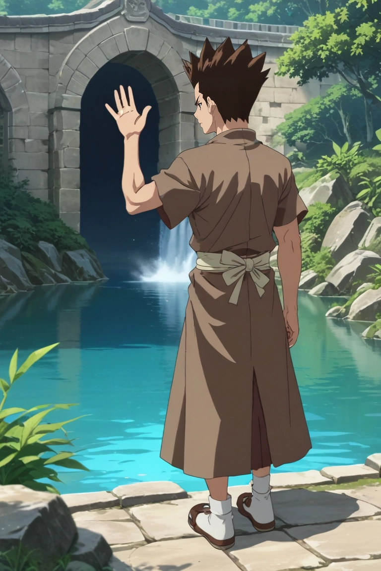 score_9, score_8_up, score_7_up, , rating_safe, , anime screencap, anime coloring, official style, , depth of field, 1boy, solo, male focus, <lora:taiju_ooki_pony:0.88>, taiju_ooki, brown hair, brown eyes, short hair, spiked hair, from afar, full body, pond, arch, japanese architecture, dark, waving, :o, , <lora:sdxl_lightning_8step_lora:1>