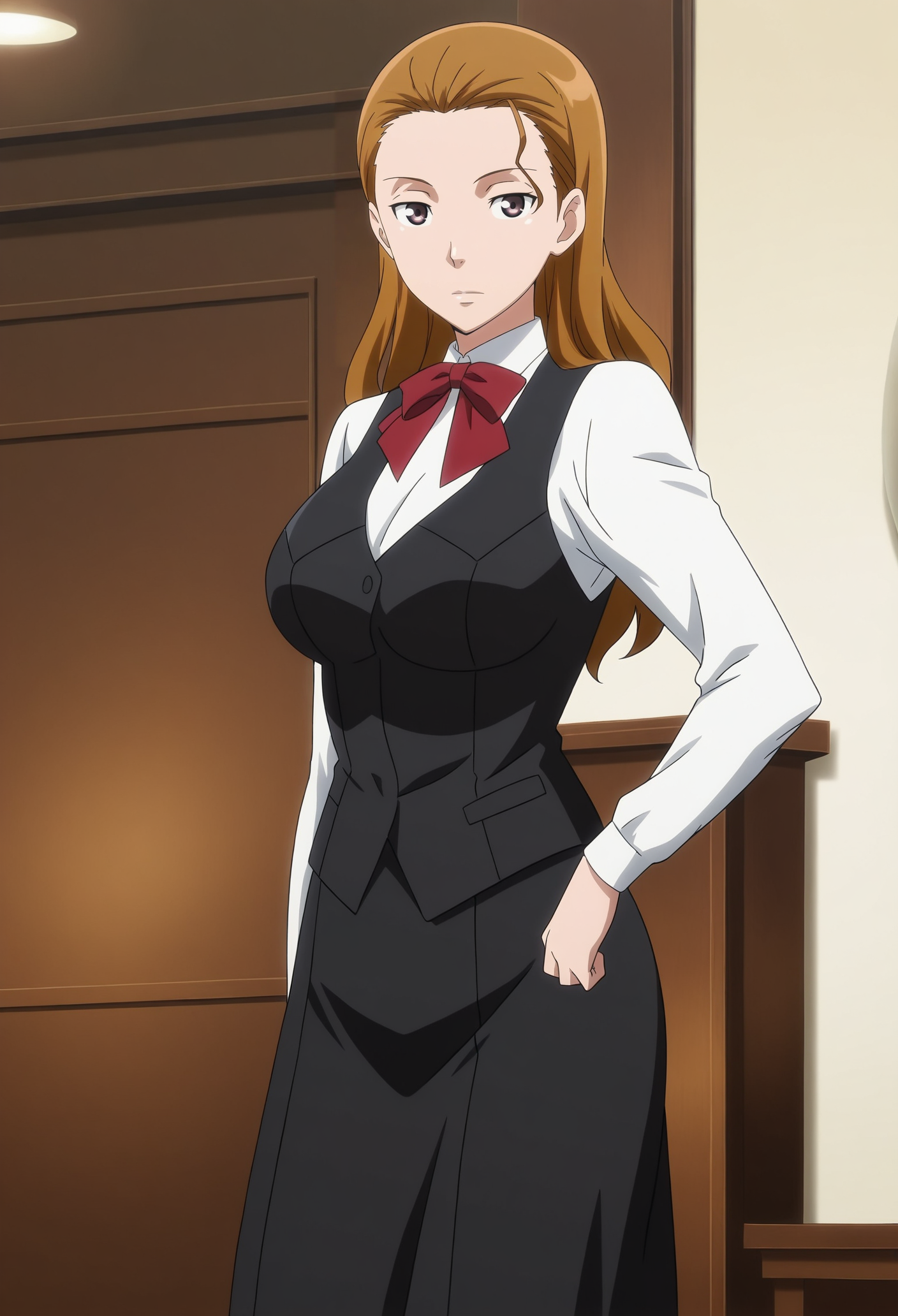 anime screencap,anime coloring,detailed face,masterpiece,best quality,very aesthetic,absurdres,volumetric lighting,official style,amazing quality,ultra detailed,highres,amazing quality,beautiful detailed hair,beautiful detailed eyes,official anime artwork,
Desirée DeLite,1girl,solo,brown hair,long hair,<lora:Desirée DeLite-IL V1:1>,large breasts,looking at viewer,vest,bowtie,black skirt,expressionless,long sleeves,white shirt,indoors,bank,