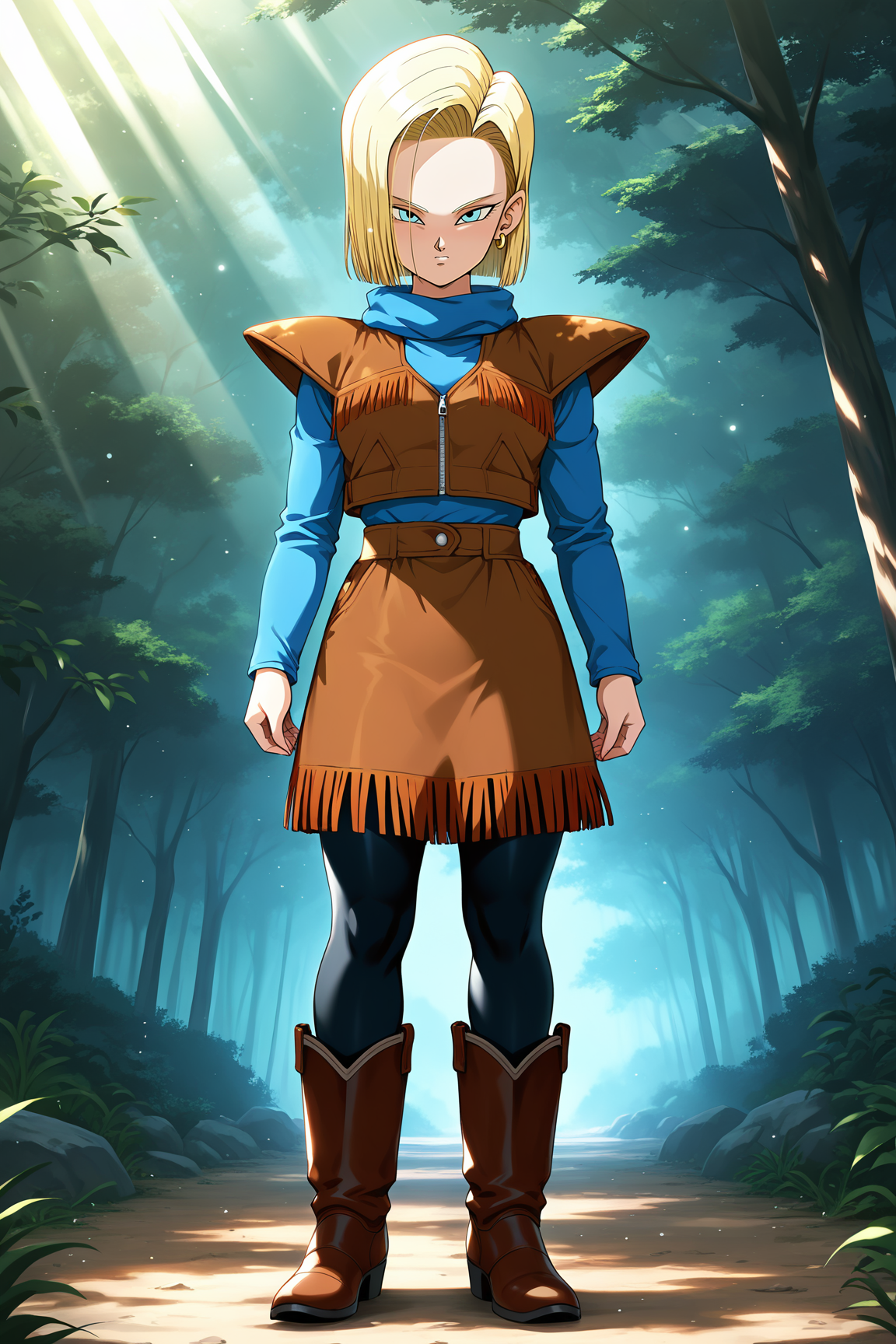 masterpiece, best quality, amazing quality, very aesthetic, absurdres, newest, (scenery, volumetric lighting), dappled sunlight, light particles, light rays, lens flare, android 18, cowgirl_outfit, 1girl, solo, short hair, blue eyes, skirt, blonde hair, long sleeves, full body, pantyhose, boots, black pantyhose, brown footwear, brown skirt, blue shirt, cowboy boots, button, zipper, brown jacket, shoulder pads, fringe trim <lora:android_18_v3-10:0.8>