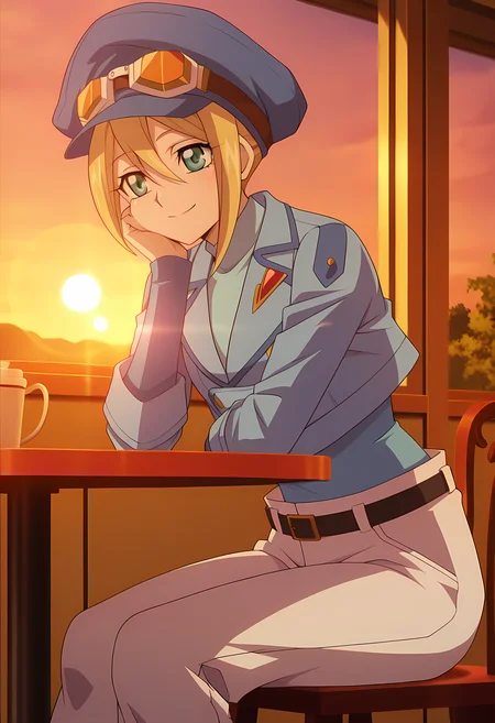 masterpiece,best quality,amazing quality,
1girl, solo,
Megumi Okura (Cardfight Vanguard), blonde hair, hair between eyes, green eyes,
short hair, hat, blue headwear, cabbie hat, goggles, uniform, cropped jacket, blue shirt, long sleeves, blue jacket, belt, white pants,
Smile, hands on table, Hand leaning on cheeks,
cinematic,
Sit, sitting, cafe, afternoon, sunset,
Lens flare, bloom,
Official style, anime screencap, anime coloring,
