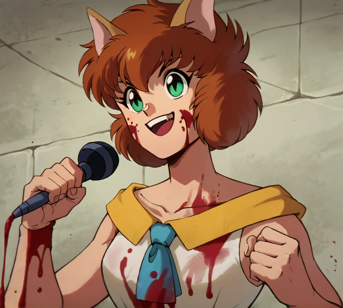 Koto, zPDXL, best quality, amazing quality, score 9, 1girl, microphone, holding microphone, excited, smile, blood, blood on face, blood on clothes, blood on body, excessive blood, smile, clenched hand, <lora:Koto:0.8>