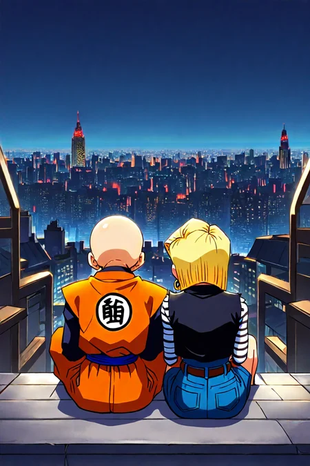 <lora:sitting_couple_IllustriousXL-000006:1>,masterpiece, highres, sitting , side-by-side, city, cityscape, from behind, BREAK <lora:android-18-ponyxl-lora-nochekaiser:0.8> , 1girl, android 18, blonde hair, eyelashes, hoop earrings, short hair, earrings, belt, black legwear, black shirt, breast pocket, collarbone, denim, denim skirt, high-waist skirt, jewelry, long sleeves, pocket, shirt, shirt tucked in, skirt, striped, striped sleeves, waistcoat, BREAK <lora:KrillinPony:0.8>, 1boy, kuririn, bald, no sclera, martial arts clothes, orange vest, orange pants, blue sash, blue wristband, (sleeveless:1.5), blue flats, white short socks, black badge