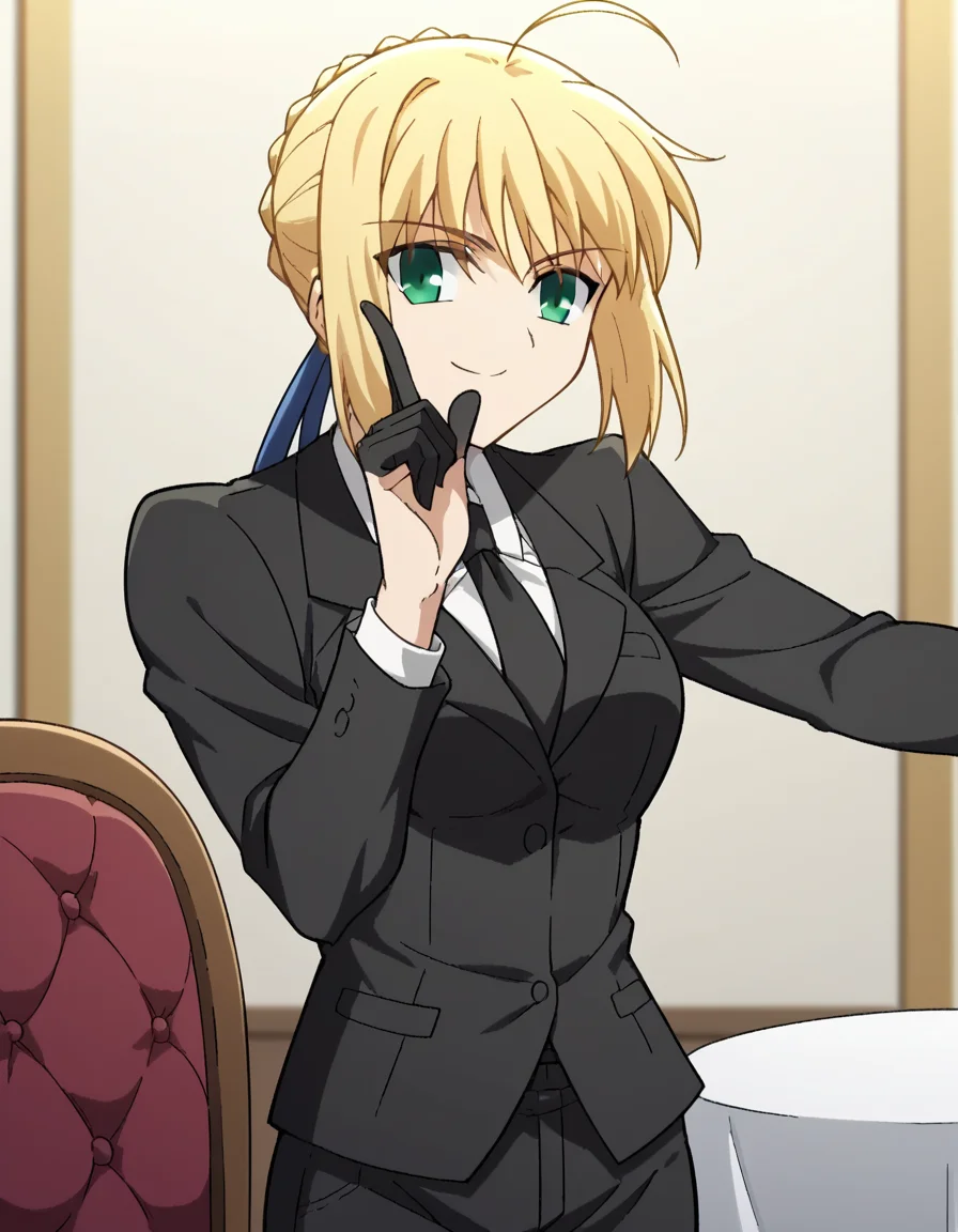 score_9, score_8_up, score_7_up, source_anime, <lora:artoria-pendragon-zero-ponyxl-lora-nochekaiser:1>, artoria pendragon, artoria pendragon (fate), saber, long hair, blonde hair, green eyes, ponytail, ahoge, medium breasts,, gloves, necktie, black gloves, pants, formal, suit, pant suit,, dining room, table, chairs, dishes, cutlery, smile, <lora:hoshino-ruby-dance-ponyxl-lora-nochekaiser:1>, hoshino ruby dance, finger wagging, index finger raised, dancing, outstretched arm,, looking at viewer, solo,, dutch angle, cowboy shot