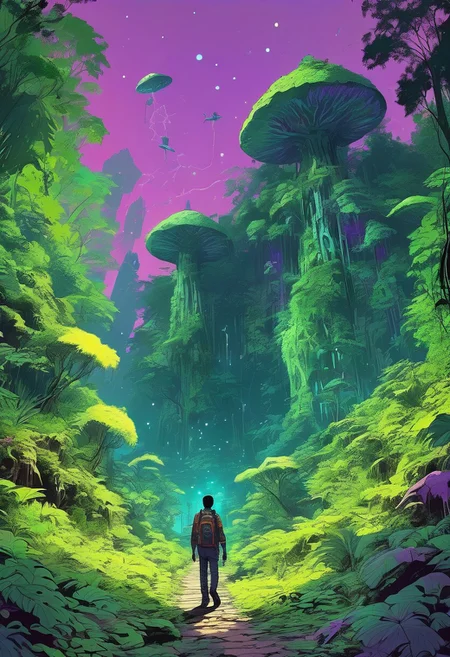 1 man, A lone traveler, walking through a dense, mystical forest , magical forest, ancient forest, big plants, fern, Podophyllum, Colocasia, big leaf, rocks, wildflower, mushroom, plane crash covered with plants, with towering ancient trees, creepers, glowing plants, glowing lights, neon, neon light, and a distant light guiding the way, scary, horror, cinematic, epic, poster, digital painting, colorful, green, orange, purple, blue, dark colors, intricate details, adventure, science fiction, Asaf hanuka, uplight, 35mm