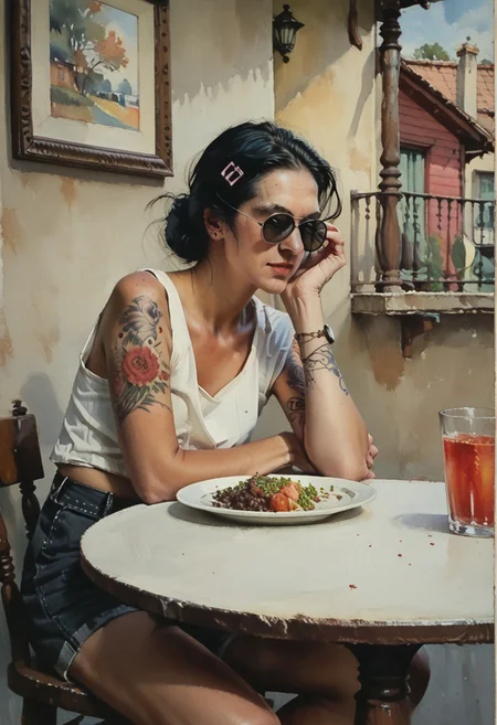 woman in 1950 outfit , score_9, score_8_up, score_7_up, young house wife, 30 year old , 1950s style , young woman, sunglasses,  dinner on the table, black hair,( black round sunglasses:1.1), white tank top, black bra, pink straps, pink hair clip, tattoos on arms, (arms under the table), tight black shorts, leather shorts, painting study by Norman Rockwell score_9, score_8_up, score_7_up, score_6_up, score_5_up, score_4_up,( watercolor:1.1),