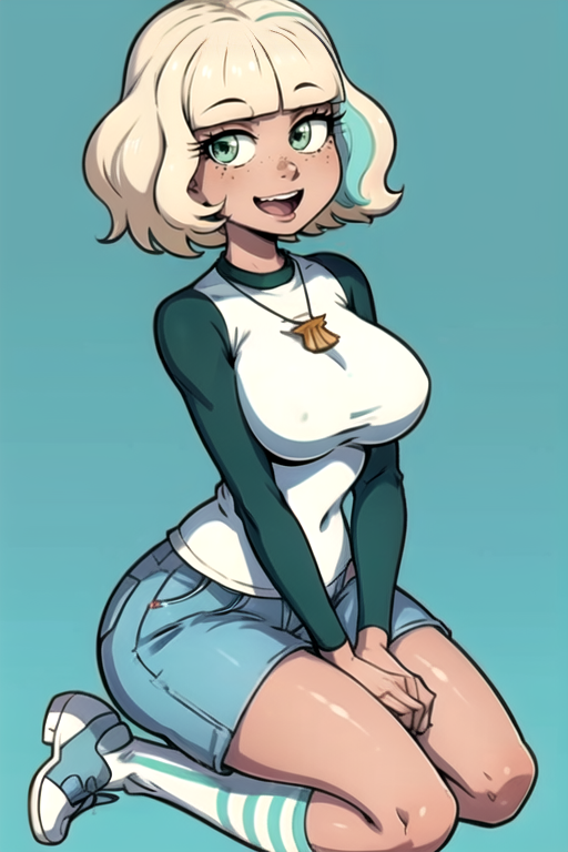 <lora:JackieLynn-10:0.8> 1girl, solo, breasts, looking at viewer, smile, short hair, open mouth, bangs, skirt, blonde hair, large breasts, simple background, shirt, long sleeves, jewelry, sitting, green eyes, full body, thighs, shoes, shorts, socks, striped, dark skin, blunt bangs, necklace, dark-skinned female, denim, white socks, seiza, freckles, outline, white outline, raglan sleeves, aqua background, striped socks