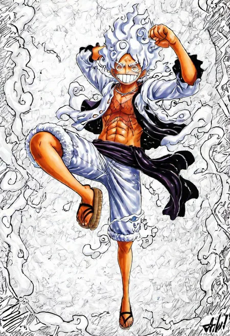 2D a 1Luffy gear 5 in Wano, (best quality, masterpiece, detailed, highly detailed face) ,(high definition face:1.0),(detailed eyes:1.0) 8k,(Smilex5), (solo), amazing perspective, profesional composition ,