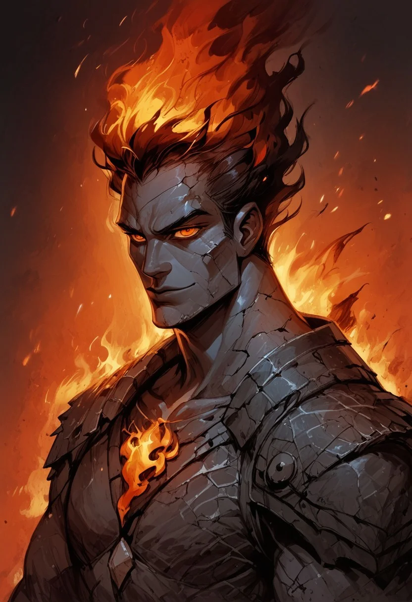 score_9, score_8_up, score_7_up, BREAK, 1men portrait, dramatic lights ((Mature and imposing, barbarian, fighter, human, grey skin, grey colored skin, cracked skin, cracks on skin, CrackedMagma, orange eyes, glowing eyes, friendly smile, scars, scars on face, multiple scar, vulcanic,magma cracks, magma, covered with black flame, black flame aura, black flames, black fire, dark fire, Cracked Porcelain, Cracked Porcelain skin, stone skin,))
<lora:Fant5yP0ny:0.6> <lora:fantasy_world_pony:0.9>
<lora:Cherry-Gig:0.55>