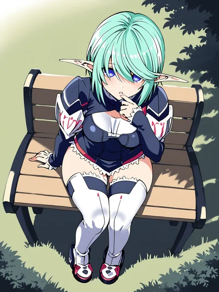 score_9, score_8_up, score_7_up, source_anime, BREAK
(detailed eyes, eye shine:1.5), (science fiction, futuristic city, trees, grass, park:1.1), outdoors, (sitting on bench, finger on mouth:1.3), (full body, closeup:1.5), from above, looking up at viewer, (pov:1.3), expressionless, (parted lips:1.5), (contrapposto:1.5), BREAK
<lora:PSO2_MelrandiaCandyCrown_Pony_v1:1.2>, (pso2mlrndcc:1.5), (short hair, elf:1.5), green hair, (hair over eyes, swept bangs:1.5), blue eyes, blue top, bodysuit, leotard, cleavage cutout, cleavage, white thighhighs, platform shoes, lace trim,