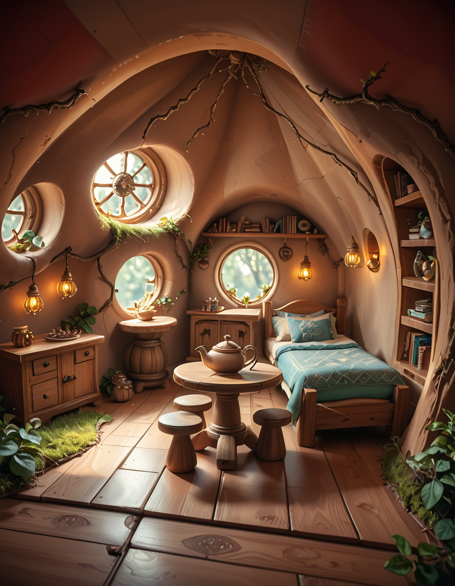 score_9, score_8_up, score_7_up,amazing quality, ultra realistic, 3D, HD, best quality, amazing quality, very aesthetic, absurdres
A highly detailed, realistic photograph of a tiny gnome house nestled at the base of an ancient oak tree, taken in soft morning light with a gentle mist hanging in the air. The house is crafted from natural materials: smooth stones form the lower walls, and curved wooden planks create a round, thatched roof with patches of moss and small wildflowers growing on top. Tiny circular windows with stained glass panels glow faintly from within, casting warm amber and green hues. A miniature wooden door with intricate carvings sits slightly ajar, surrounded by tiny lanterns that hang from delicate hooks, each softly glowing. Around the house, the forest floor is covered in dew-kissed clover, mushrooms of varying sizes and colors, and winding little cobblestone paths. In the background, tall ferns and oversized leaves tower, giving the scene an enchanted, hidden feel. Subtle rays of sunlight break through the canopy above, highlighting fine details with a dreamy, ethereal atmosphere. Hyper-realistic style, high-resolution, rich earthy tones, with an overall cozy and magical woodland vibe. No creatures or people, only nature and the charming architecture of the gnome's home.
<lora:SDXLFaeTastic2400:0.4> <lora:extremely_detailed:0.4> extremely detailed,tiny gnome h0us3 <lora:tiny_gnome_h0us3-p:1>