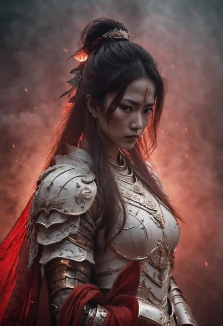 Feudal female samurai with long hair wearing translucent  White holy armor coming Out of the Fog wearing a partially burning and Red glowing detailed samurai Armor, atmospheric haze, Film grain, cinematic film still, shallow depth of field, highly detailed, high budget, cinemascope, moody, epic, OverallDetail, gorgeous, 2000s vintage RAW photo, photorealistic, candid camera, color graded cinematic, eye catchlights, atmospheric lighting, skin pores, imperfections, natural, shallow dof, deep blacks, high monochrome contrast,