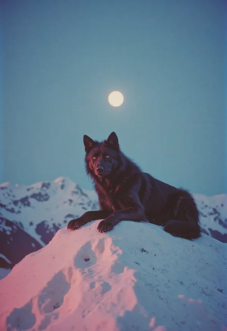 cheapo. A 1990s analog style photo, found footage, disposable camera, lomography. isometric photoshoot, soft colorful-hued colors, a big black wolf with large glowing red eyes resting atop a snowy mountain peak, moonlight, blizzard, photography by Ellen Von Unwerth
<lora:lora.TA_trained:0.8>