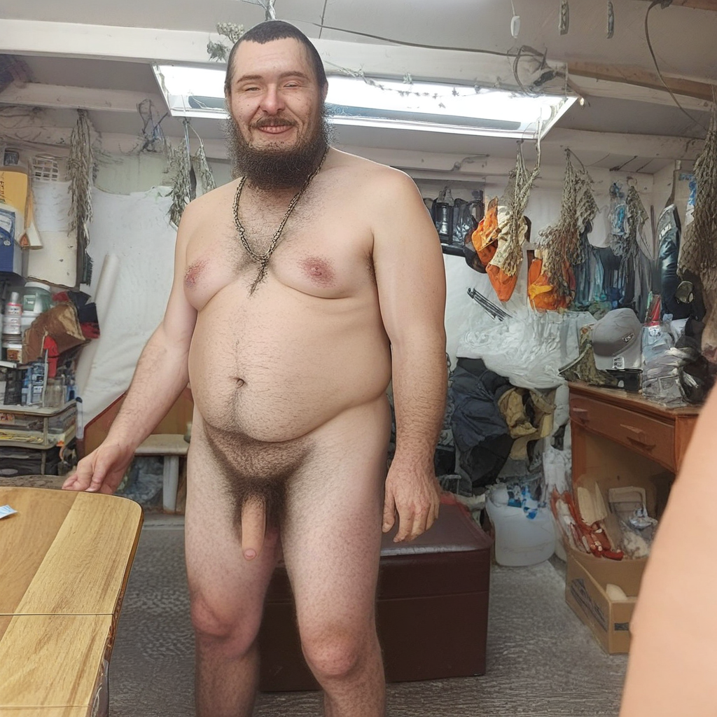 A nude hairy man with an erect penis