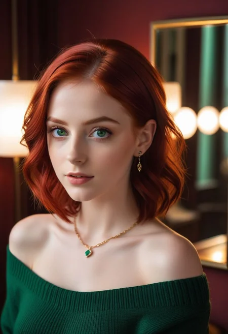 realistic, hyper realistic, real life, analog style, raw, photo, masterpiece, (alluring eyes), (perfect face, detailed face), (a girl), hime cut hair, crimson red hair, emerald eyes, small breasts, puffy breasts, perky breasts, (off-shoulder sweater dress), piercings, (petite body), happy expression, (bedroom room in front of a mirror), dappled lighting, (backlighting:0.7),