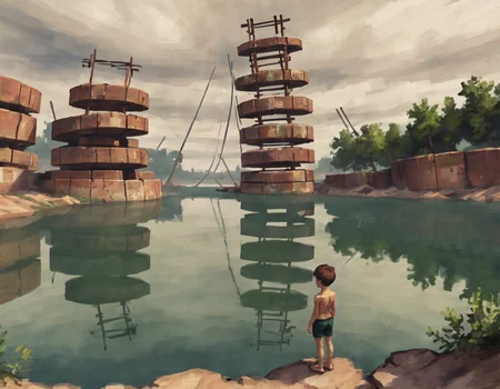 <lora:ssta:0.4>ssta, boy standing on shore of lake, ruins, plants, clouds