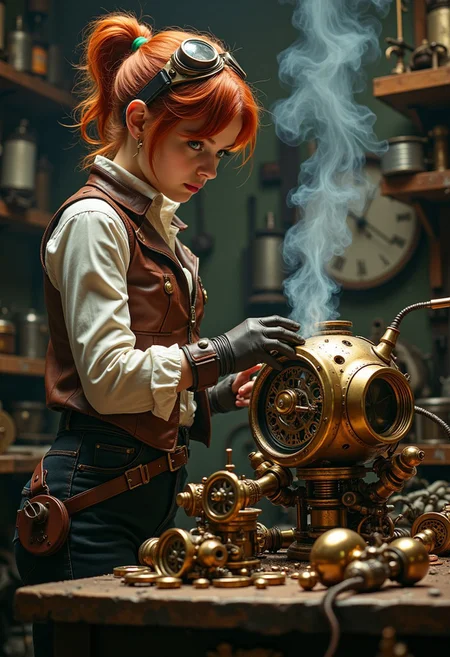 A young steampunk mechanic stands over a broken robot, deep in thought as she examines its complex gears and wires. She’s dressed in a leather vest with brass buckles, a white blouse with rolled-up sleeves, and sturdy work trousers. Her auburn hair is pulled back into a messy bun, with goggles resting on her forehead. Her green eyes, sharp and focused, study the robot’s exposed clockwork, trying to figure out how to fix it.
The robot, a blend of brass and copper, lies on the workbench, its mechanical parts scattered around. Steam rises from its body, filling the dimly lit workshop, which is cluttered with tools and spare parts. Despite the challenge, the mechanic’s expression shows determination, as if she's on the verge of solving the problem.