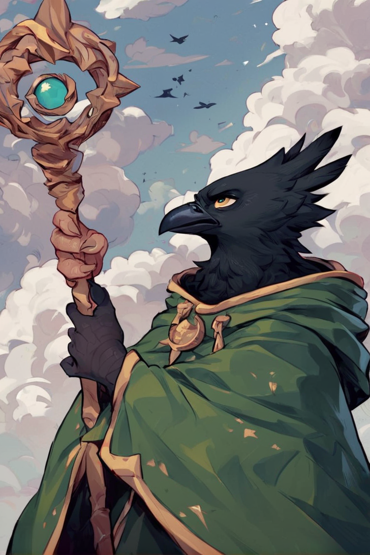 source_furry , black crow, wearing a green wizard cloak, holding a staff in hand, looking up, cloudy and thunder in background, windy, serious and aggressive expression, looking slightly up, fantasy, <lora:Dont_jinxit_artist_style:0.8>, score_9, score_8_up, score_7_up,
