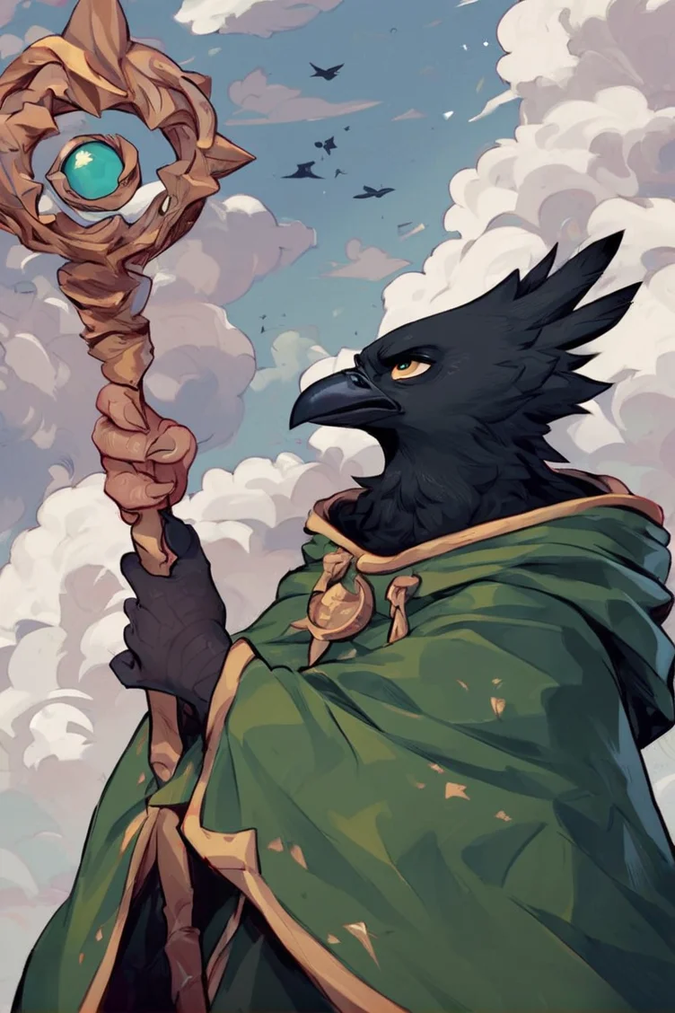 source_furry , black crow, wearing a green wizard cloak, holding a staff in hand, looking up, cloudy and thunder in background, windy, serious and aggressive expression, looking slightly up, fantasy, <lora:Dont_jinxit_artist_style:0.8>, score_9, score_8_up, score_7_up,