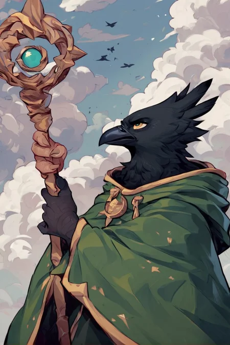 source_furry , black crow, wearing a green wizard cloak, holding a staff in hand, looking up, cloudy and thunder in background, windy, serious and aggressive expression, looking slightly up, fantasy, <lora:Dont_jinxit_artist_style:0.8>, score_9, score_8_up, score_7_up,