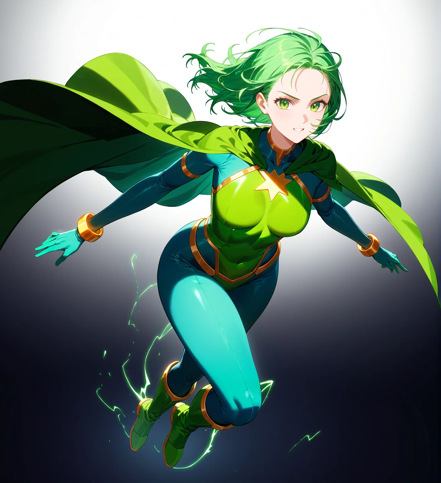 masterpiece, best quality, absurdres
1 girl, solo, floating, superhero, green super powers, floating, flying, green eyes, bright green suit, bulky boots, bulky bracelets, bulky suit, armor, breastplate, ((bright green cape)), green energy,
(flat background, simple background, white background),