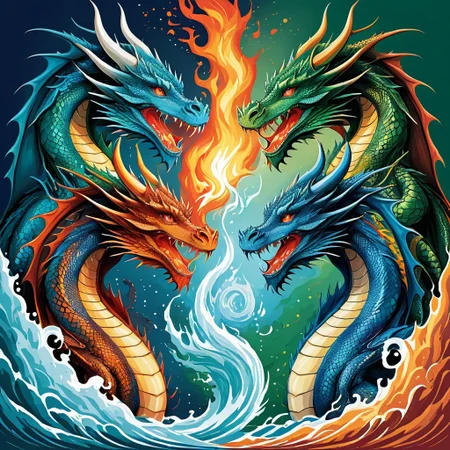 (vector art), ((four dragons:1.5)), (planet earth centered),
(fiery dragon of fire element),
(blue dragon in water element, blue),
(dark green dragon on earth element),
(white air dragon of air element),
(solid colors, thick-linework), white outline, background of on solid medium-tone color, HDR, UHD, vibrant, dynamic, (detailed:1.5)