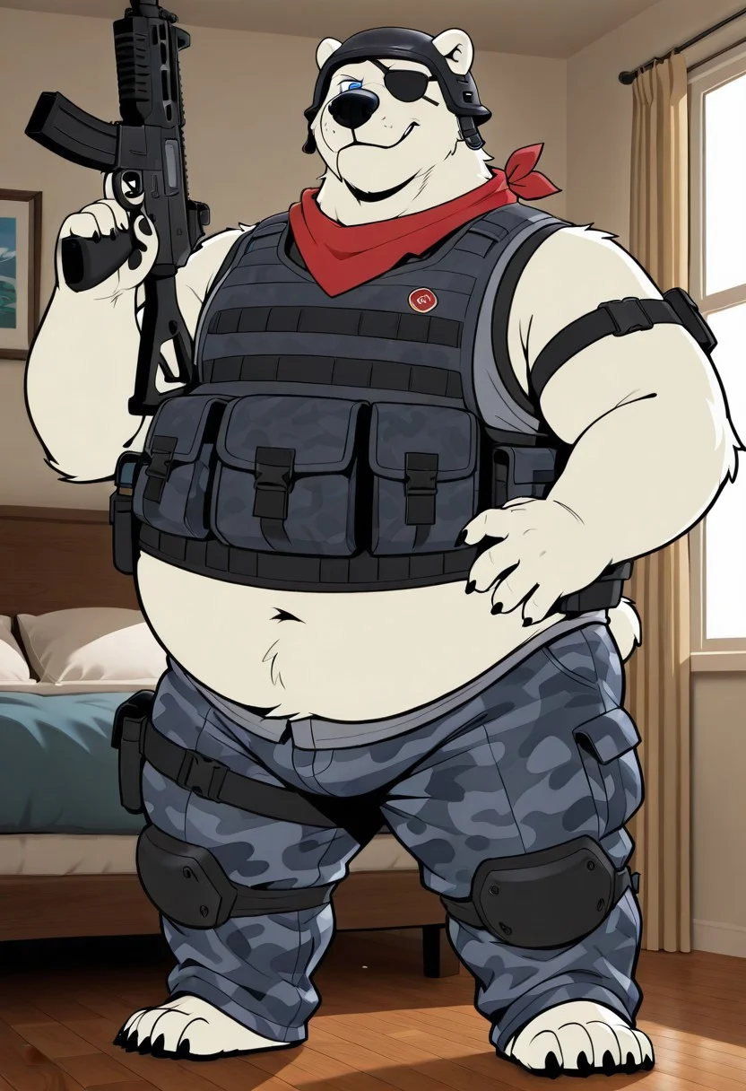 masterpiece, best quality, amazing quality, 1boy, solo, polar bear, bear snout, blue eyes, right eye patch, helmet, claws, male. anthro, male, black pawpads, cartoon style, 2d, overweight male, perfect eyes, (((detailed eyes))), expressive eyes, ((fat, chubby, obese, round belly)), ((excessive obesity)),, bedroom, inside, high quality, detailed, digital art, masterpiece, full body, (gray camouflage pants, gray tactical sleeveless vest, red bandana around the neck, arm wears), big butt, (standing, dynamic pose, holding assault rifles, front view), vivid color, detailed face, perfect face, masterpiece, absurdres, intricate detail, very aesthetic, ds0d, ((three-quarter view:1.3)), ((3/4_view))