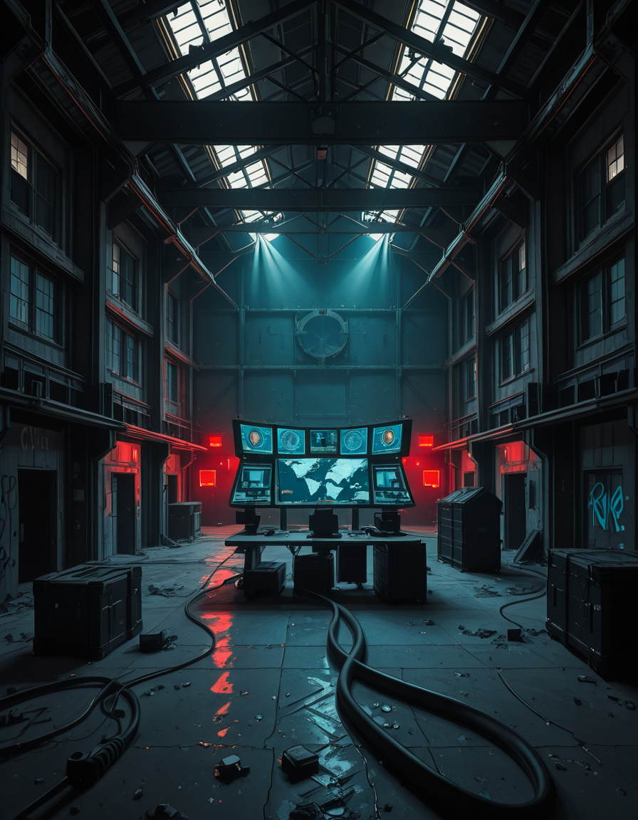 A dark, abandoned warehouse transformed into a villain's secret lair. The structure is massive and industrial, with rusted steel beams, shattered windows, and crumbling concrete walls covered in old graffiti. The floor is dusty and cracked, with scattered debris and oil stains. Dim red and blue lights glow from hidden sources, casting eerie, atmospheric shadows throughout the space. In the center, a high-tech command station glows with holographic maps, control panels, and futuristic computer screens. Advanced equipment, weapons racks, and strange scientific devices are neatly arranged on steel tables. Thick black cables snake across the floor and dangle from the ceiling. Makeshift metal dividers and reinforced crates create hidden zones for operations and storage. The setting is cinematic, mysterious, and tense, with dramatic lighting, high contrast between dark corners and glowing tech, and a realistic, moody art style â like a scene from a dystopian sci-fi thriller. No people or figures are present. 
<lora:SDXLFaeTastic2400:0.4> <lora:extremely_detailed:0.4> extremely detailed,villain secret l41r, <lora:villain_secret_l41r-i:1>, Masterpiece,best quality,hi res,8k,hi res,8k,award winning,(sharp focus, intricate, highly detailed),