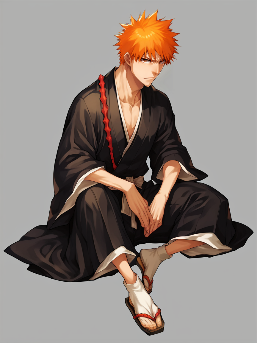 score_9, score_8_up, score_7_up, score_6_up, score_5_up,   <lora:ichigoXLP:1> ichigo, orange hair, 1boy, solo, brown eyes, japanese clothes, spiked hair, full body,