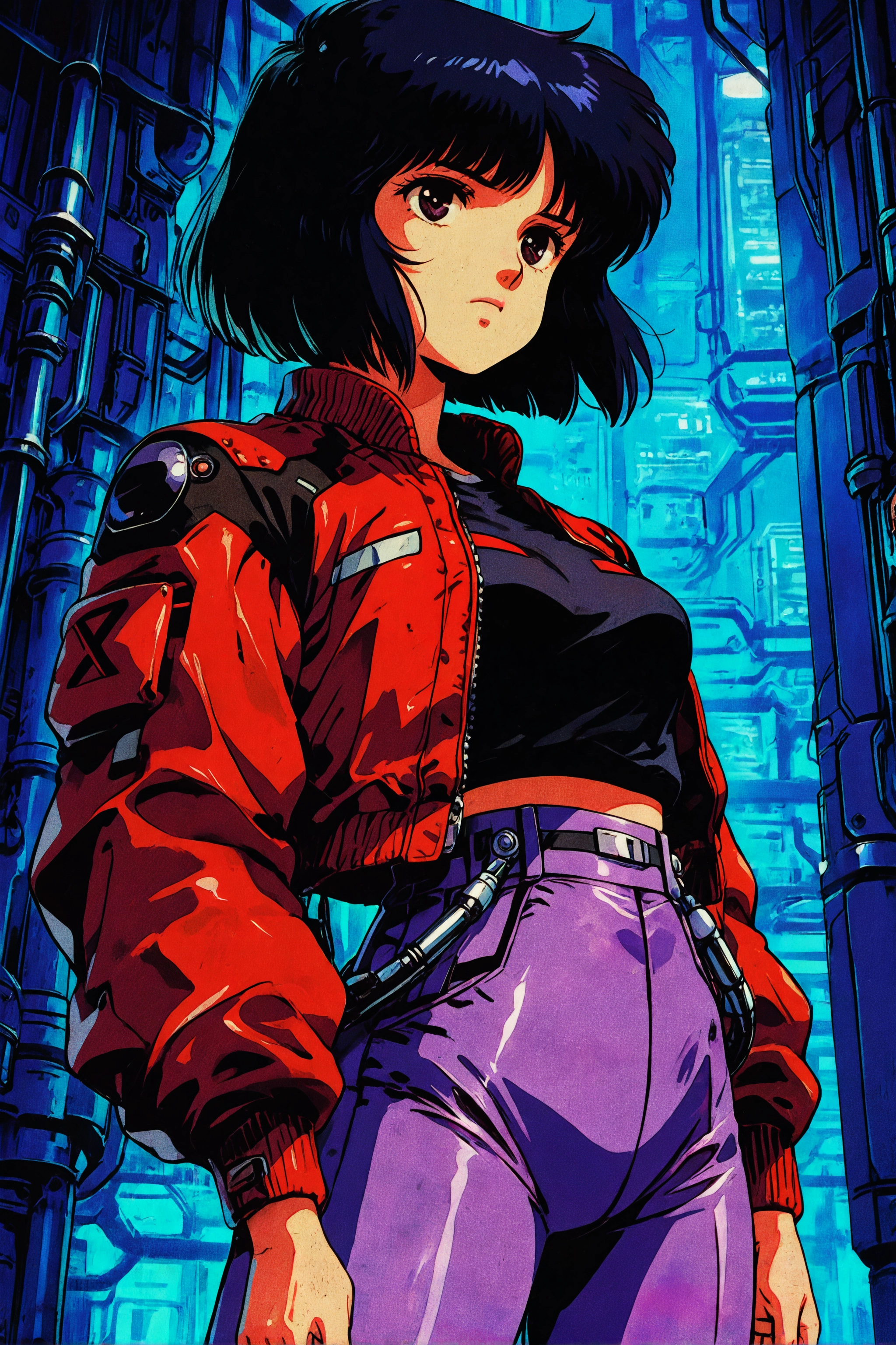 masterpiece, best quality, knva, retro artstyle, bloom, high contrast, detailed texture,,1girl, medium breasts, black hair, short hair, bob cut, red jacket, high-waisted pants, purple pants, zipper jacket, futuristic, sci-fi, cyberpunk, standing, hands in pockets, confident expression, blue background, industrial setting, pipes, beams, light reflections, detailed textures, shading, vibrant colors, high contrast, dynamic pose, character design, strong lighting, 1980s anime, mechanical elements, urban environment, retro-futuristic, bold lines, iconic style,