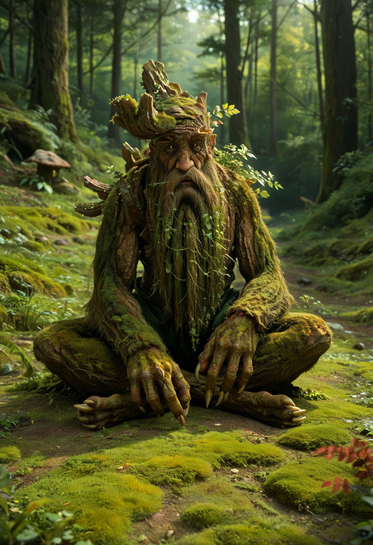 <lora:treebeard_lotr_pny-15:1.0> treebeard, ent, beard, sitting, on ground, yellow eyes, grass, outdoors, moss, forest, day, sunbeam, claws,, score_9, score_8_up, score_7_up, score_6_up, score_5_up, score_4_up