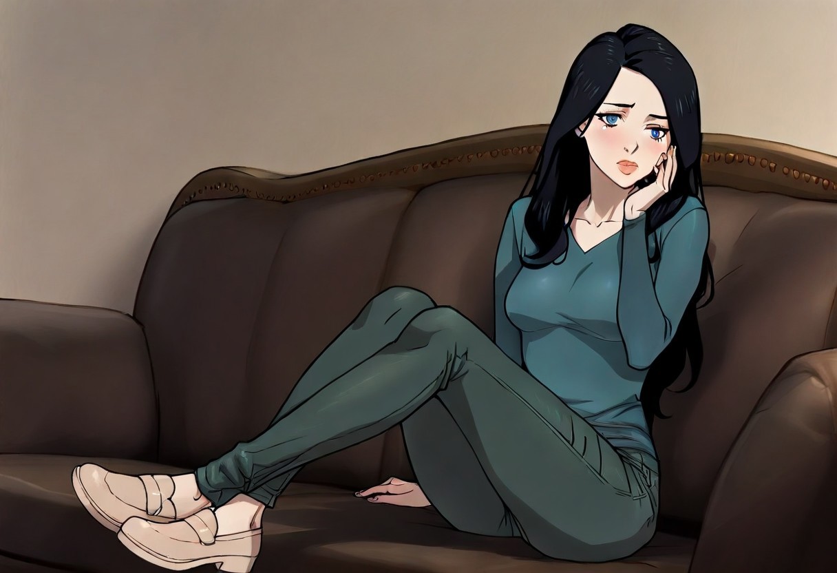 masterpiece, newest,absurdres,incredibly absurdres, best quality, amazing quality, very aesthetic, 
,sitting, hand on  cheek ,
re4lity_sync_illu
BeckDuv1, long black hair,long hair, black hair, lips,eye bags,blue eyes,  ,teal long-sleeve shirt, dark green pants, beige shoes, low-heeled shoes, sitting sofa, indoor,