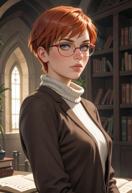 safe_pos, Style(best quality, ultra-detailed, vibrant colors, illustration, concept art, mythp0rt, hyper-realistic colorful sketch, sn3yd_style, slavic);

Subject(1girl + pale skin + short hair + pixie cut + redhead + red eyebrows + small breasts, barely a handful + soft-bodied, bookish figure + freckles + blue eyes + (thin lips:1.2) + (glasses perched crookedly on the bridge of nose) + sweater vest, turtleneck, slacks + soft-bodied, bookish figure, concentrating on writing in a leather bound journal);

Background(ancient library full antiques);