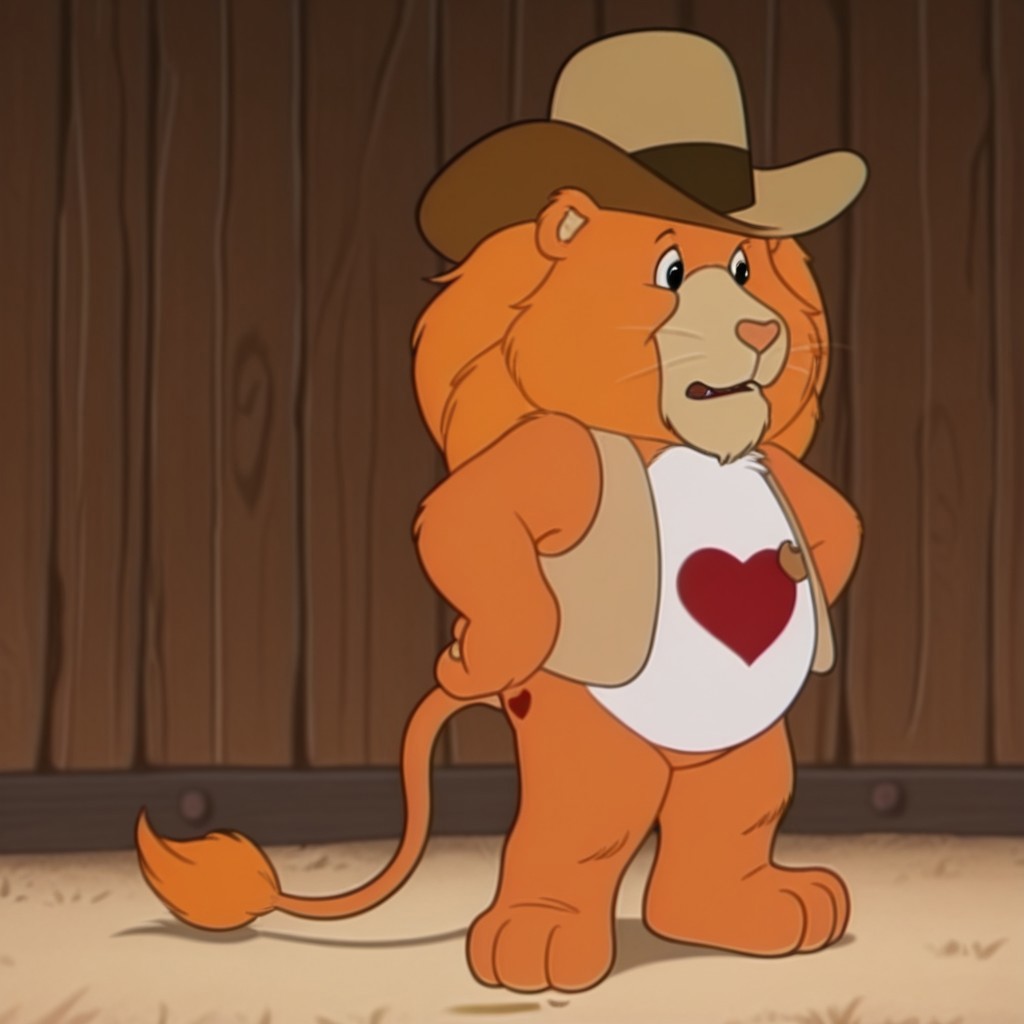 ,masterpiece, best quality, amazing quality,  BraveHrtLionil, semi-anthro, male, lion_boy, orange fur, orange mane, black eyes, Tummy Symbol, tail, tail tuft, tan cowboy hat, tan vest, old west, full body, solo