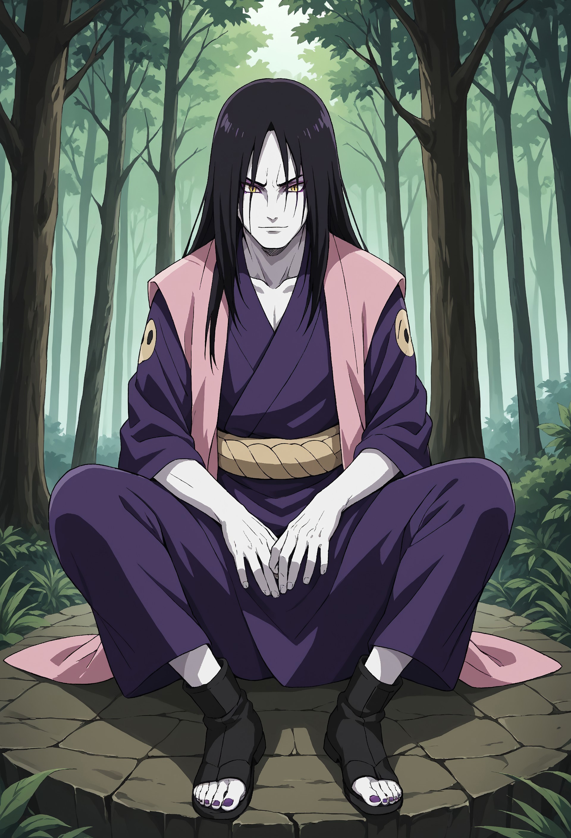 score_9, score_8_up, score_7_up, masterpiece, best quality, very aesthetic, masterpiece, best quality, very aesthetic, NRTO_Orochimaru, 1boy, solo, male focus, black hair, long hair, yellow eyes, slit pupils, white skin, purple eyeliner, YukaOro, japanese clothes, beige obi, purple kimono, pink sleeveless haori, alternate outfit, black toeless footwear, sitting, forest, day, dynamic perspective