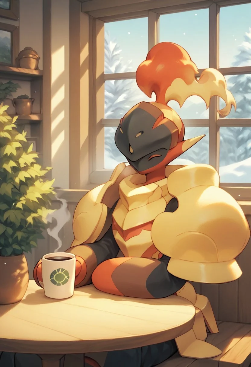 score_9, score_8_up, score_7_up, score_6_up, score_5_up, score_4_up, armarouge, pokemon, armor, sitting, indoors, coffee cup, eyes closed, window, snowy meadow, table, steam, eyes closed