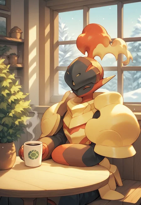 score_9, score_8_up, score_7_up, score_6_up, score_5_up, score_4_up, armarouge, pokemon, armor, sitting, indoors, coffee cup, eyes closed, window, snowy meadow, table, steam, eyes closed