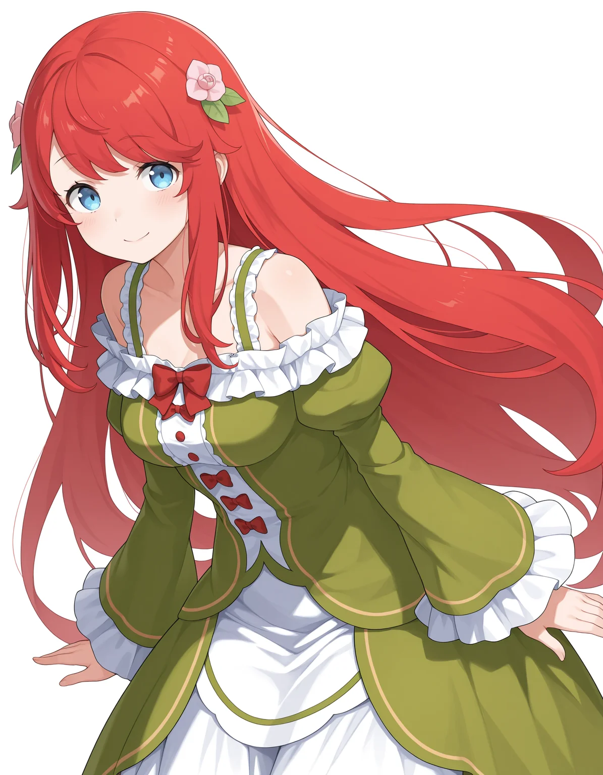 <lora:Theresia van Astrea Illu:1>
1girl, solo,
theresi4, red hair, blue eyes, long hair,
theresi4dress, green dress, off shoulder dress, bare shoulders, hair flower, frills, frilled sleeves, red bows, white pantyhose, white skirt, long skirt, juliet sleeves,
upper body, smile, looking at viewer,
simple background, background, white background,, masterpiece, best quality, amazing quality