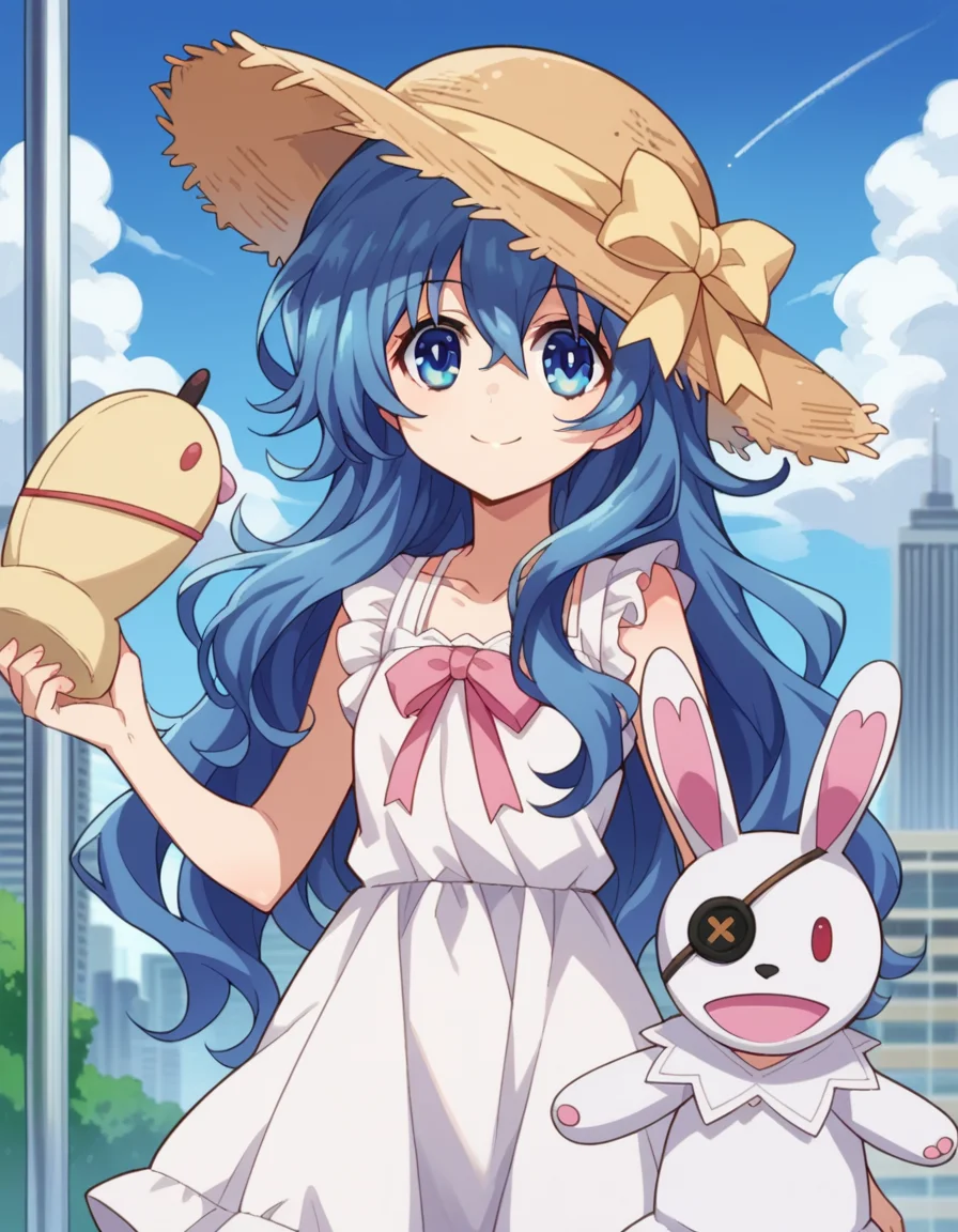 score_9, score_8_up, score_7_up, source_anime,
dalyoshino, <lora:dal-yoshino-s2-ponyxl-lora-nochekaiser:1>,
yoshino casual, long hair, hat, dress, ribbon, blue hair, blue eyes, eyepatch, stuffed toy, sun hat, straw hat, stuffed bunny, puppet, hand puppet,
outdoors, cityscape, smile,
looking at viewer, cowboy shot, dutch angle,