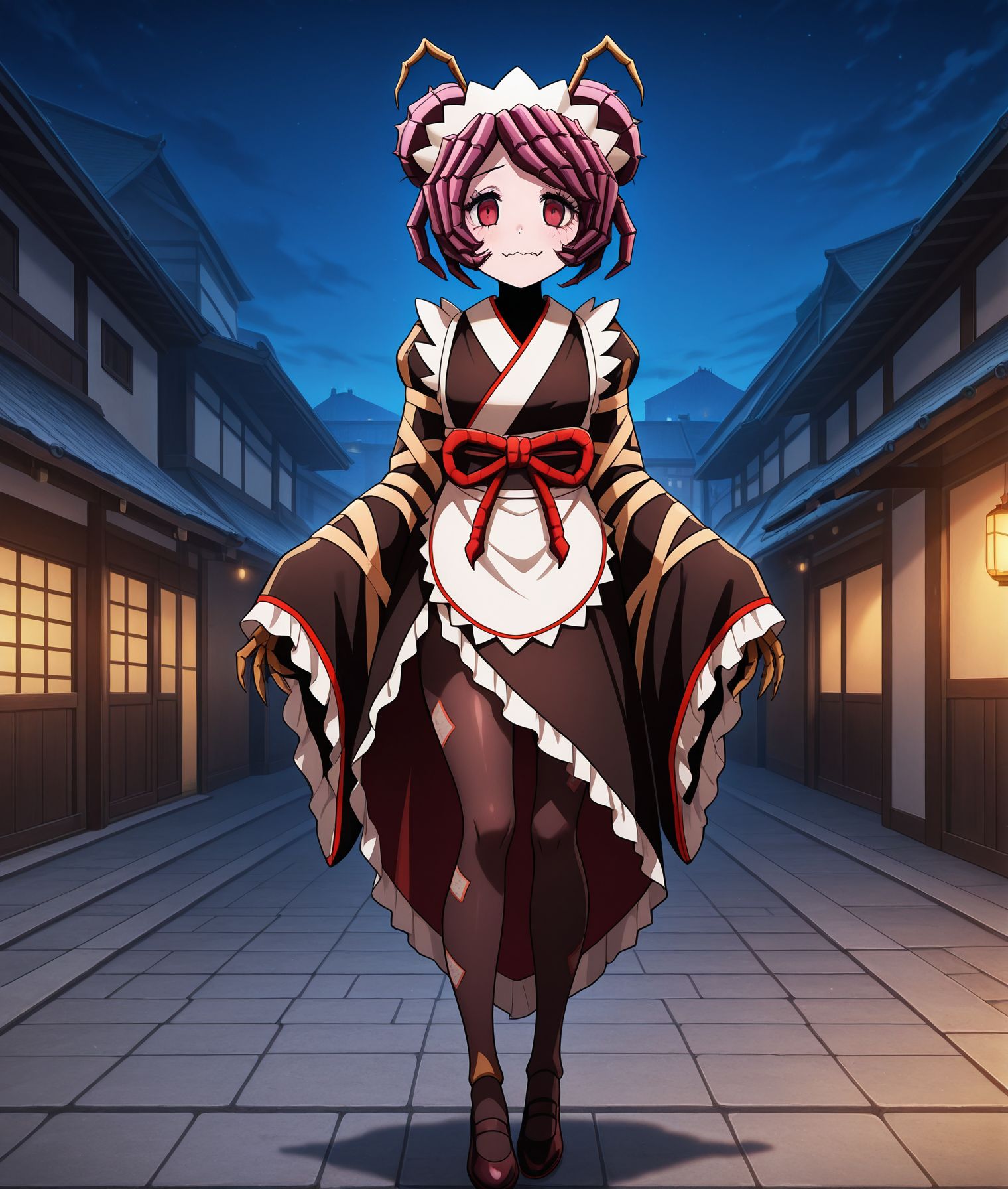masterpiece,best quality,amazing quality,very aesthetic,absurdres,newest, huge filesize,
<lora:spo_sdxl_10ep_4k-data_lora_webui:0.5>,
<lora:add-detail-xl:1> anime screencap,  overlord,official art, 
BREAK
<lora:overlord_The_Sacred_Kingdom_V2:1>overlord_V2,
1girl,arthropod girl,full body, night, outdoors, town,
maid headdress, monster female,  closed mouth, 
double bun,hair bun,apron,  fake face, light smile, 
antennae,japanese clothes,pantyhose, 
pantyhose,sleeves past wrists, wavy mouth, 
red eyes,purple hair,  fang, arthropod hand,
monster girl,looking at viewer,
maid,kimono,o_Entom,
entoma vasilissa zeta,