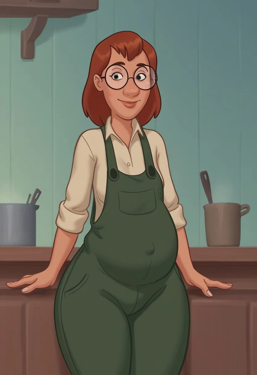 ASCII high detail, 1 girl, 1girl, solo, Susan_Hegarty, round glasses, big nose, pointed nose, dark orange hair, bob haircut, light tanned skin, olive overalls with long legs, white shirt, full dressed, thin body, front to viewer, belly focus, pregnant, small breasts, solo, posing, dumptruck ass, massive butt, milf, face, round face. Look at the viewer. Front view. Perfect Face. Kitchen background. 
BREAK 
score_9, score_8_up, score_7_up, score_6_up, source_cartoon, rating_explicit