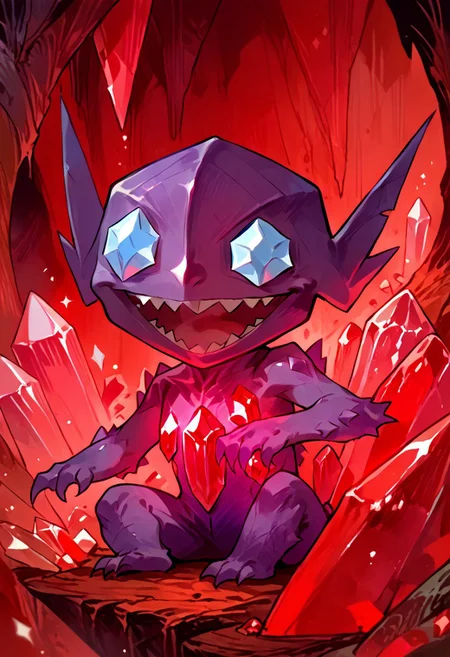 score_9, score_8_up, score_7_up, (source_anime, rating_safe), solo,  (slimes_sableye, red crystal on chest, noseless, chibi body), ( wide smile, open mouth), (cave, glowing crystals, crystals), (detailed image, high resolution, 5k resolution:1.0), (dark theme, dark , dim light)