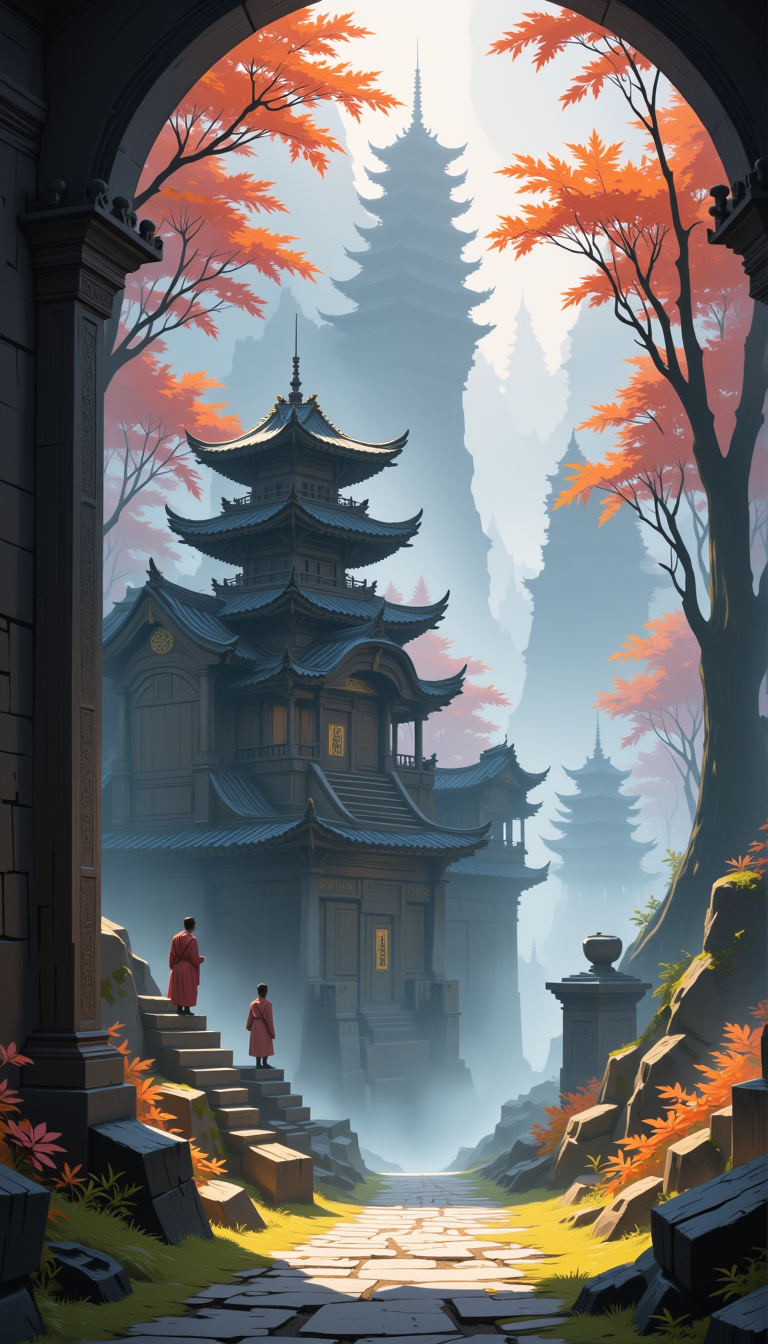 Misty mountain temple, ancient architecture, Japanese maple trees, autumn leaves, foggy morning, sun rays, monks in red robes, stone steps, moss, overgrown, serene, peaceful, intricate carvings, traditional, textured, vibrant colors, warm light, dramatic shadows, calming, detailed, ornate, tranquil, mystical, majestic, awe-inspiring, breathtaking, inspiring, Asian art, concept art, illustration, artstation, wallpaper, promo art, dramatic lighting, conceptual, surreal