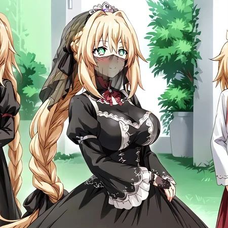 safe_pos, ((((masterpiece)))), ((best quality)), ((expressive eyes)), perfect face, ((expressive face)), perfect hands, (((((detailed hair))))), perfect legs, (((1 Girl))), very long hair, (((absurdly long hair))), (((((blonde hair))))), (((long side hair))), (((((single braid))))), hair between eyes, bangs, (((blushing))), ((((smiling)))), (((hairband))), ((black hairband)), girl inside castle, big breasts, huge breasts, ((((large hair ribbon)))), ((((black ribbon)))), ((((low-tied long hair)))), (((((low braid))))), ((hair ribbon on braid)), ((black bow)), ariel anemoi, takao, (Green Heart \(neptunia)\), (((french braid))), ((((ponytail)))), hair intakes, (((green eyes))), symbol-shaped pupils, ((((victorian black dress)))), (((lace trim))), (((long dress))), (((lace gloves))), (((juliet sleeves))), ((long sleeves)), ((((black wedding veil)))), (((silver tiara))), MayumiSakura, hair ribbon, (((mouth veil))), (((hair black veil))), ((wedding black dress)), (((bridal black veil))), ((frills)), ((frilled sleeves)), nashetania, single braid, (((braided ponytail)))