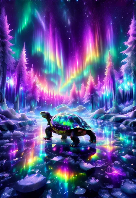 lazympos, morph-aurora, A platinum-tier turtle with bioluminescent fur prowls through an aurora-lit crystal forest, prismatic light shards refract through ice formations, glowing celestial patterns dance across its obsidian collar, hyper-detailed fur texture with rainbow iridescence, 8k resolution.