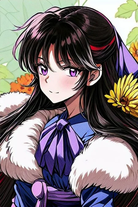masterpiece, best quality 1girl Setsun4 solo long hair, (night time) forest background black hair very long hair purple eyes multicolored hair armor (fur trim) (medium body),<lora:EMS-179-EMS:0.800000>,<lora:EMS-293862-EMS:0.800000> bow, hair_bow, hair_tubes, red_bow, brown_hair, long_hair, bangs, ascot, frilled_bow, yellow_ascot, blush, smile, hair_between_eyes, athletic